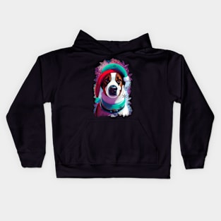 Dog wearing Santa Hat, christmas colorful snow ensemble pattern. Kids Hoodie